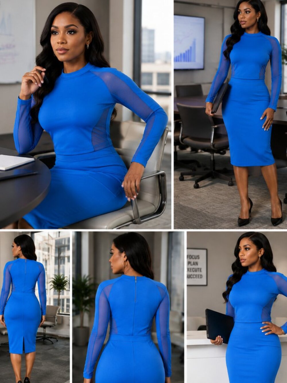 REVAMPED Blue 2-Piece Skirt Set XL | NWT Mesh Long Sleeve Top & Pencil Skirt